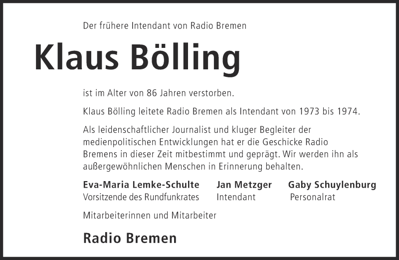  Traueranzeige für Klaus Bölling vom 08.11.2014 aus Süddeutsche Zeitung