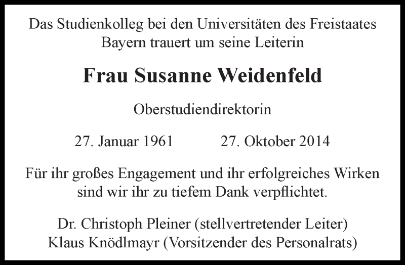  Traueranzeige für Susanne Weidenfeld vom 05.11.2014 aus Süddeutsche Zeitung