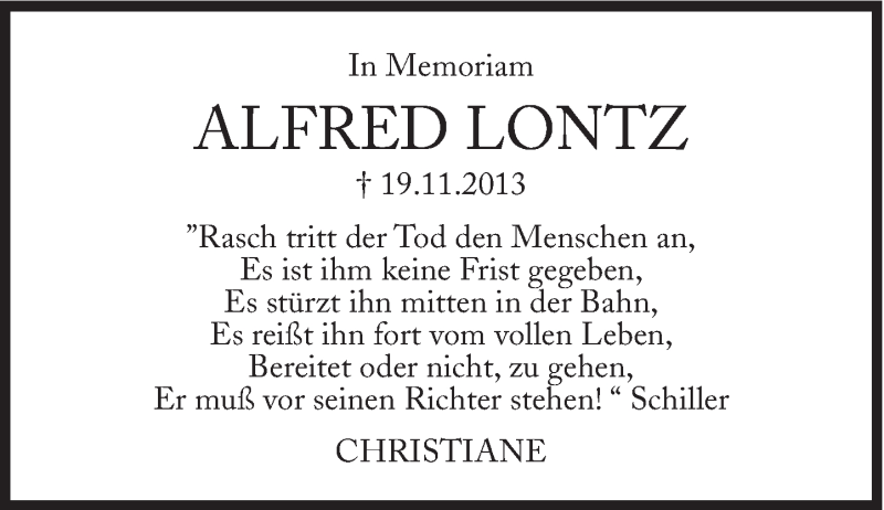  Traueranzeige für Alfred Lontz vom 19.11.2014 aus Süddeutsche Zeitung