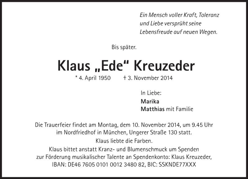  Traueranzeige für Klaus  Kreuzeder vom 08.11.2014 aus Süddeutsche Zeitung