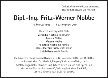 Traueranzeige von Fritz-Werner Nobbe von Süddeutsche Zeitung