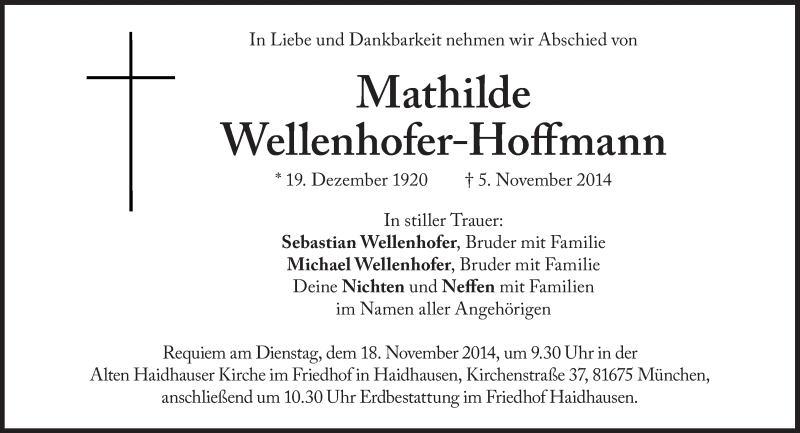  Traueranzeige für Mathilde Wellenhofer-Hoffmann vom 08.11.2014 aus Süddeutsche Zeitung