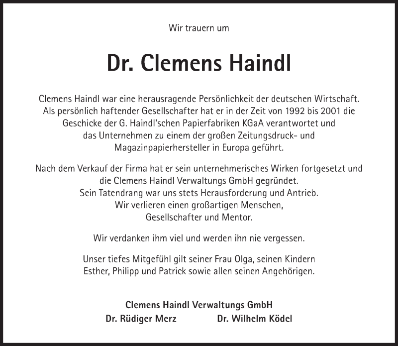  Traueranzeige für Clemens Haindl vom 10.11.2014 aus Süddeutsche Zeitung