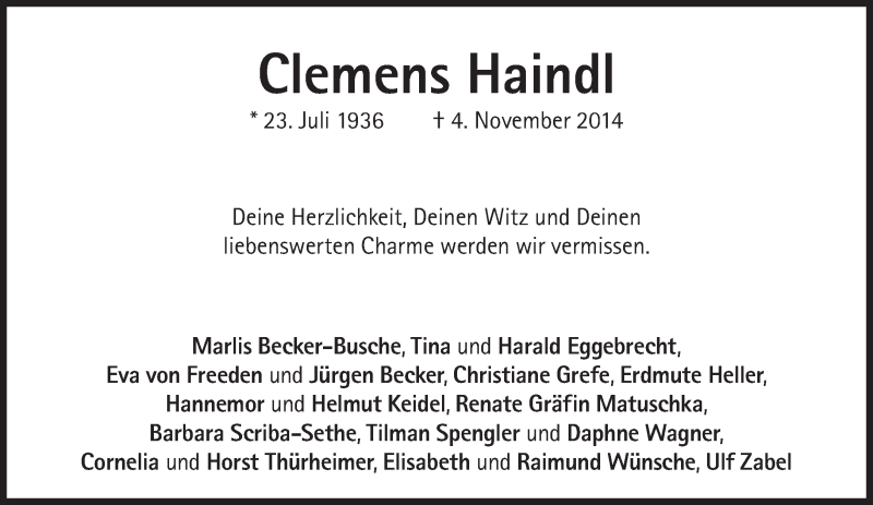 Traueranzeige für Clemens Haindl vom 08.11.2014 aus Süddeutsche Zeitung