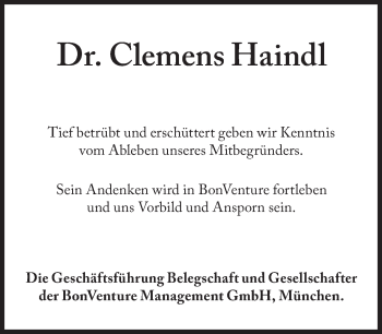 Traueranzeige von Clemens Haindl von Süddeutsche Zeitung