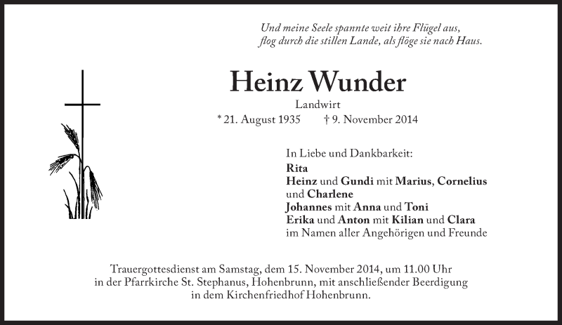  Traueranzeige für Heinz Wunder vom 13.11.2014 aus Süddeutsche Zeitung