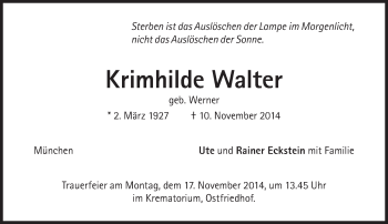 Traueranzeige von Krimhilde Walter von Süddeutsche Zeitung