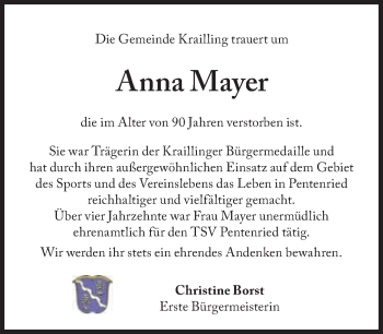 Traueranzeige von Anna Mayer von Süddeutsche Zeitung