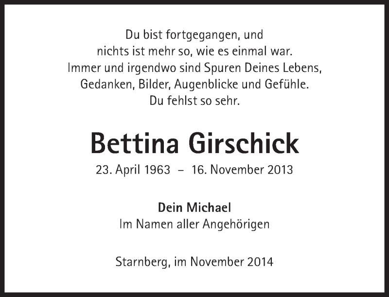  Traueranzeige für Bettina Girschick vom 15.11.2014 aus Süddeutsche Zeitung