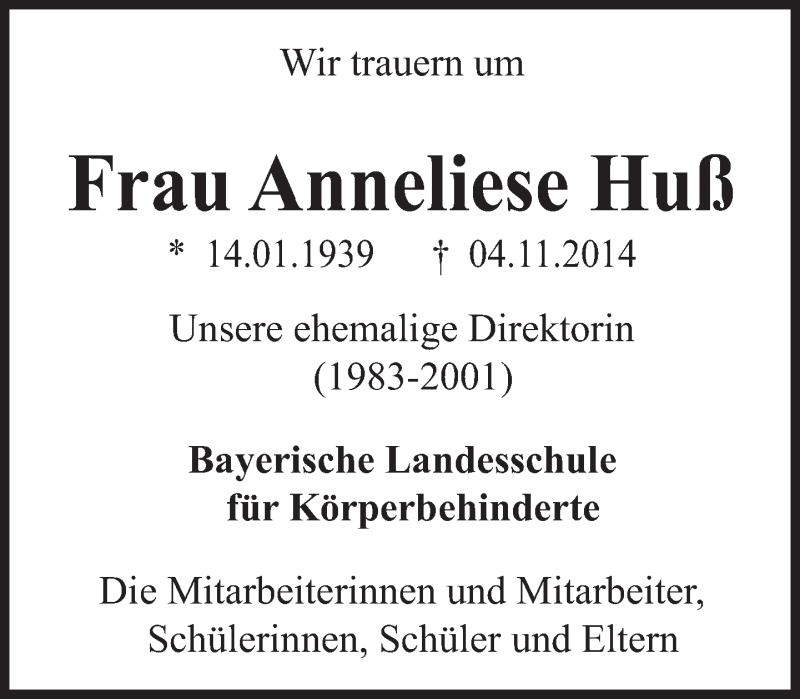  Traueranzeige für Anneliese Huß vom 15.11.2014 aus Süddeutsche Zeitung