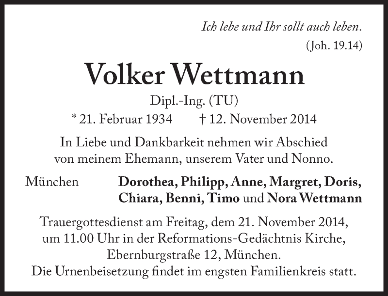  Traueranzeige für Volker Wettmann vom 17.11.2014 aus Süddeutsche Zeitung