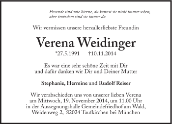 Traueranzeige von Verena  Weidinger von Süddeutsche Zeitung