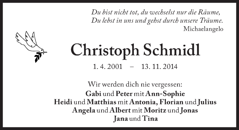  Traueranzeige für Christoph Schmidl vom 20.11.2014 aus Süddeutsche Zeitung