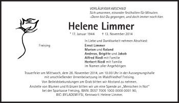 Traueranzeige von Helene Limmer von Süddeutsche Zeitung