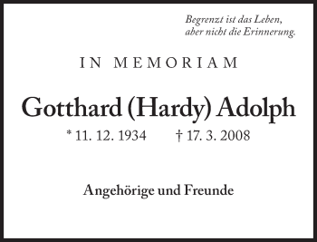 Traueranzeige von Gotthard Adolph von Süddeutsche Zeitung