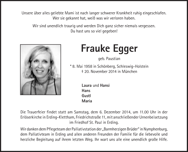  Traueranzeige für Frauke Egger vom 29.11.2014 aus Süddeutsche Zeitung