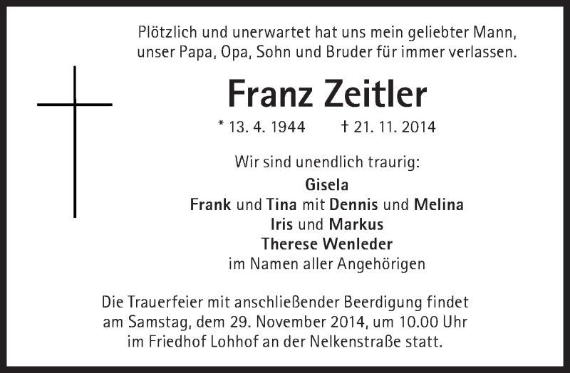  Traueranzeige für Franz Zeitler vom 26.11.2014 aus Süddeutsche Zeitung