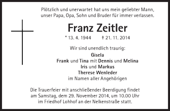 Traueranzeige von Franz Zeitler von Süddeutsche Zeitung