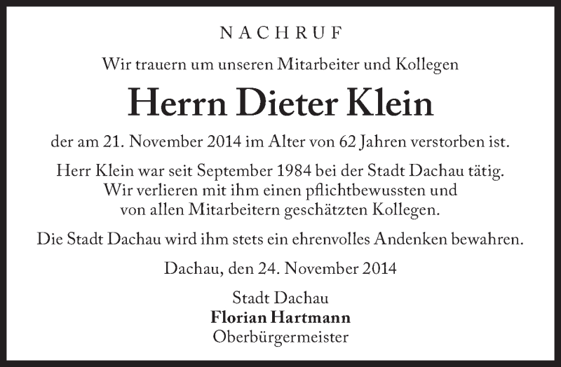  Traueranzeige für Dieter Klein vom 26.11.2014 aus Süddeutsche Zeitung