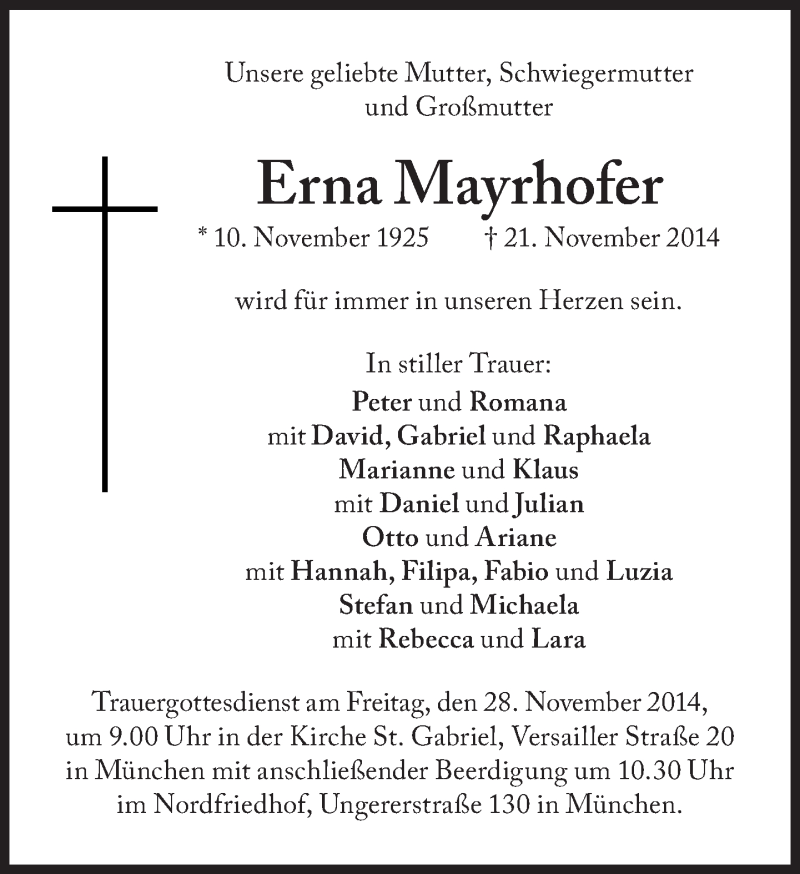  Traueranzeige für Erna Mayrhofer vom 26.11.2014 aus Süddeutsche Zeitung