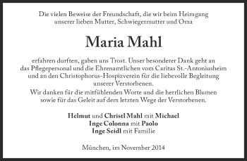 Traueranzeige von Maria Mahl von Süddeutsche Zeitung