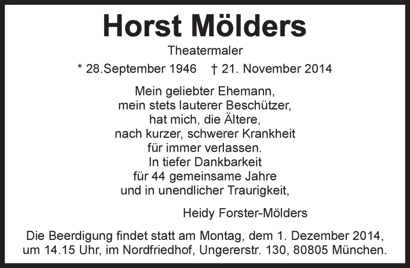  Traueranzeige für Horst Mölders vom 28.11.2014 aus Süddeutsche Zeitung