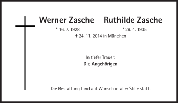 Traueranzeige von Werner und Ruthilde Zasche von Süddeutsche Zeitung