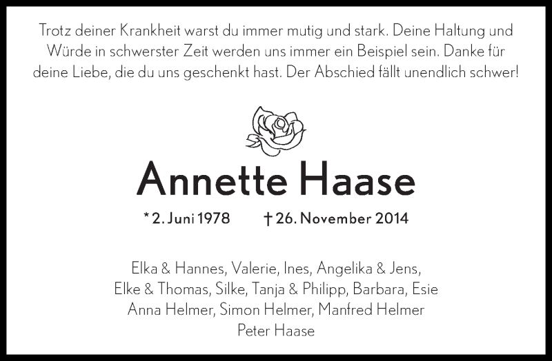  Traueranzeige für Annette Haase vom 29.11.2014 aus Süddeutsche Zeitung