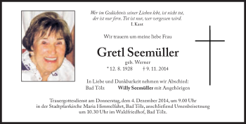 Traueranzeige von Gretl Seemüller von Süddeutsche Zeitung