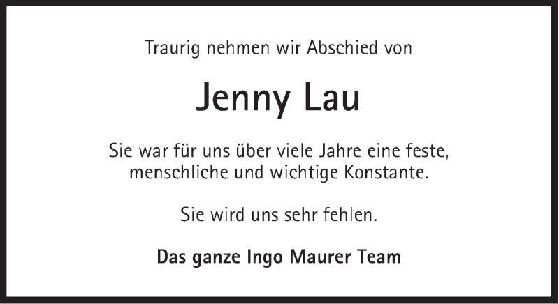  Traueranzeige für Jenny Lau vom 29.11.2014 aus Süddeutsche Zeitung