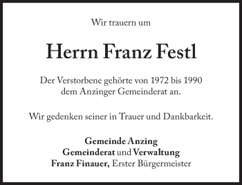 Traueranzeige von Franz Festl von Süddeutsche Zeitung