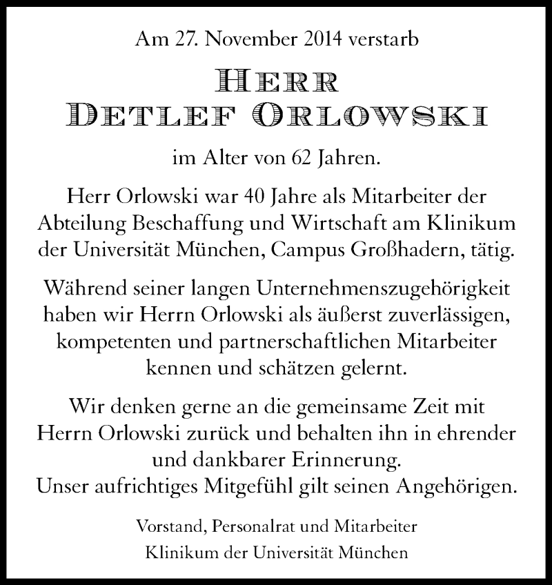  Traueranzeige für Detlef Orlowski vom 02.12.2014 aus Süddeutsche Zeitung