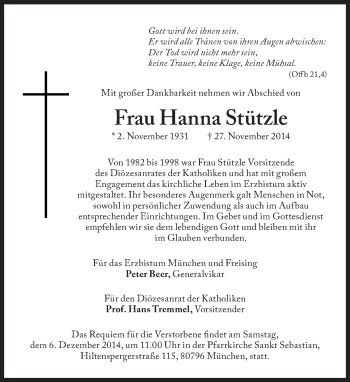 Traueranzeige von Hanna Stützle von Süddeutsche Zeitung
