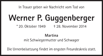 Traueranzeige von Werner Guggenberger von Süddeutsche Zeitung