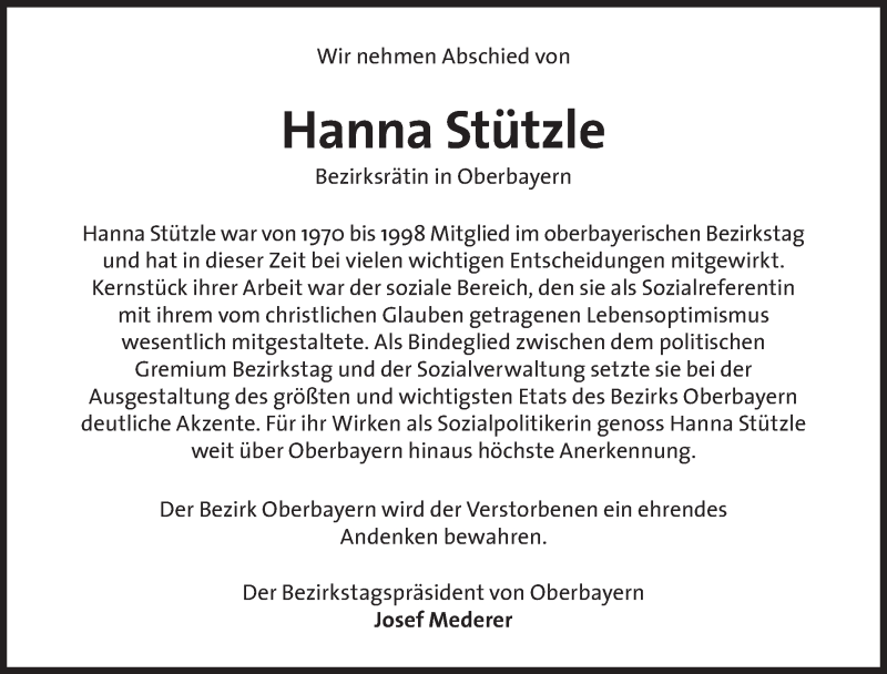  Traueranzeige für Hanna Stützle vom 03.12.2014 aus Süddeutsche Zeitung