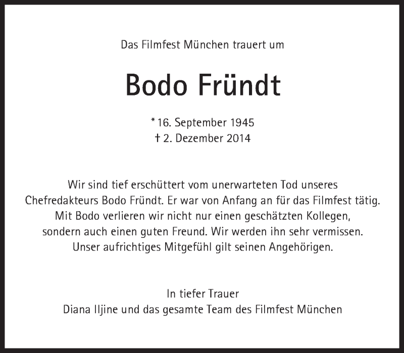  Traueranzeige für Bodo Fründt vom 05.12.2014 aus Süddeutsche Zeitung
