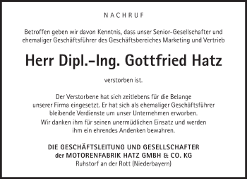 Traueranzeige von Gottfried Hatz von Süddeutsche Zeitung