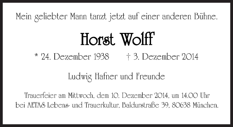  Traueranzeige für Horst Wolff vom 06.12.2014 aus Süddeutsche Zeitung