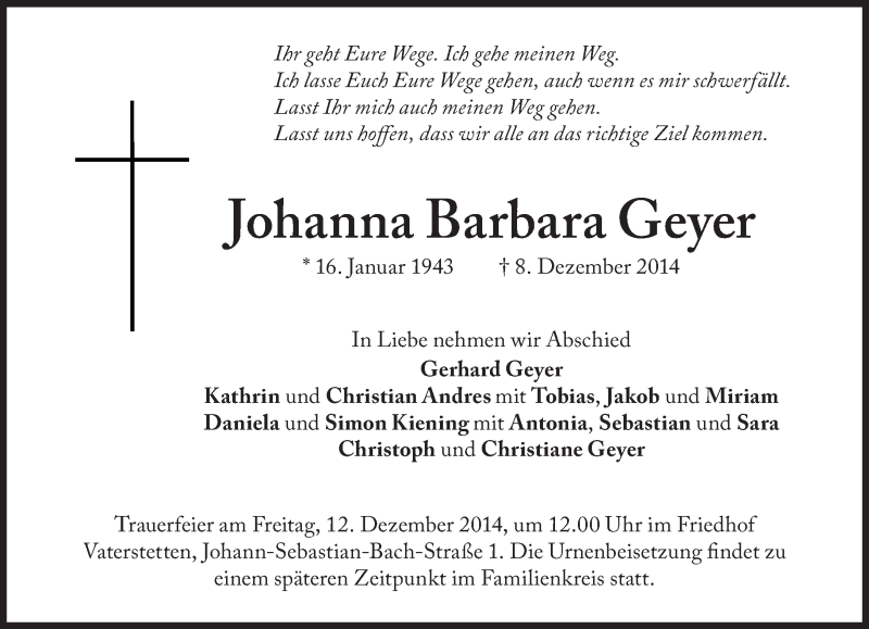  Traueranzeige für Johanna Barbara Geyer vom 09.12.2014 aus Süddeutsche Zeitung