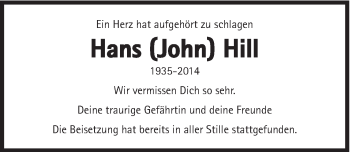 Traueranzeige von Hans (John) Hill von Süddeutsche Zeitung