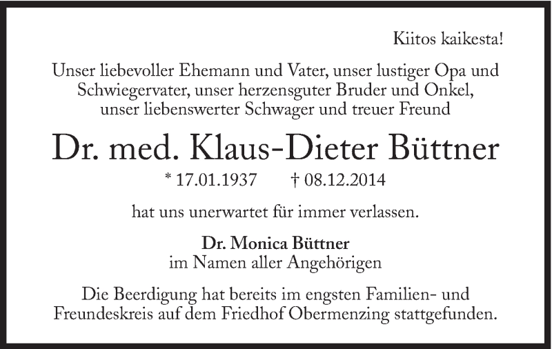  Traueranzeige für Dr. med. Klaus-Dieter Büttner vom 13.12.2014 aus Süddeutsche Zeitung