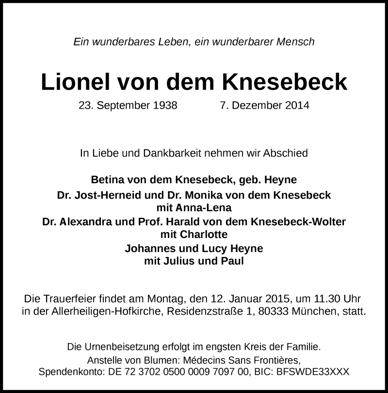  Traueranzeige für Lionel von dem Knesebeck vom 12.12.2014 aus Süddeutsche Zeitung