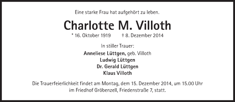  Traueranzeige für Charlotte M. Villoth vom 13.12.2014 aus Süddeutsche Zeitung