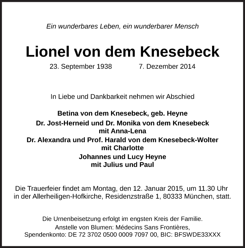  Traueranzeige für Lionel von dem Knesebeck vom 13.12.2014 aus Süddeutsche Zeitung