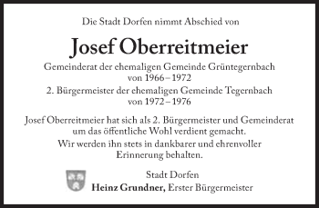 Traueranzeige von Josef Oberreitmeier von Süddeutsche Zeitung