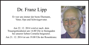 Traueranzeige von Franz Lipp von Süddeutsche Zeitung