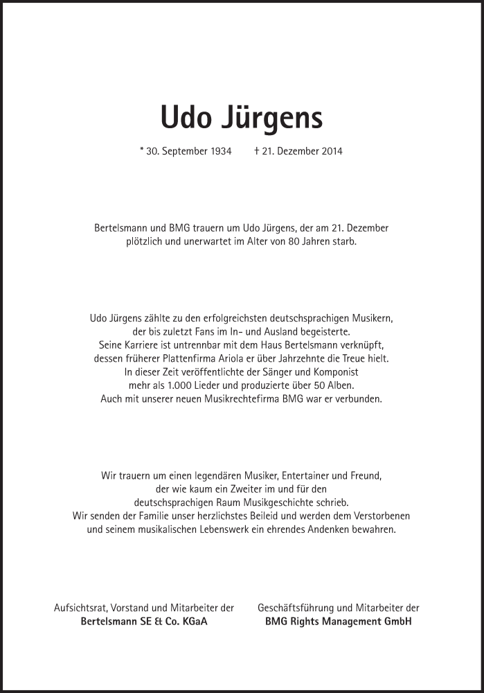  Traueranzeige für Udo Jürgens vom 27.12.2014 aus Süddeutsche Zeitung