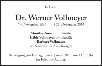 Traueranzeige von Dr. Werner Vollmeyer von Süddeutsche Zeitung