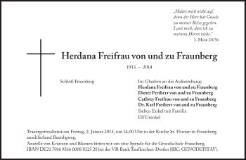 Traueranzeige von Herdana Freifrau von und zu Fraunberg von Süddeutsche Zeitung