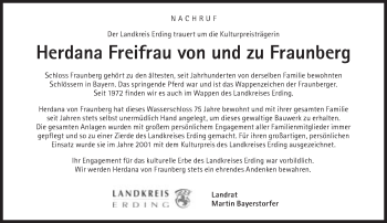 Traueranzeige von Herdana Freifrau von und zu Fraunberg von Süddeutsche Zeitung